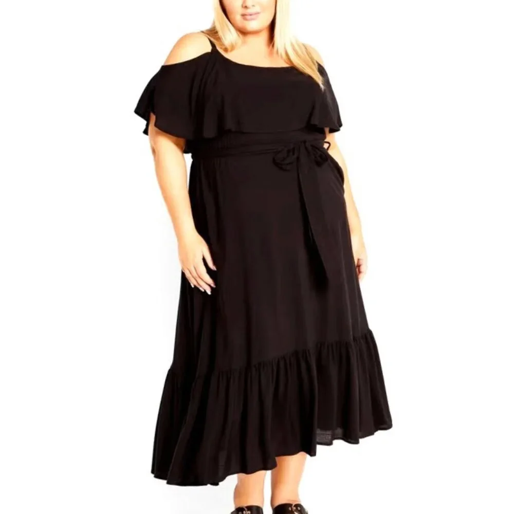 NWT Avenue Black Cold Shoulder Overlay Tie Waist Midi Dress 20